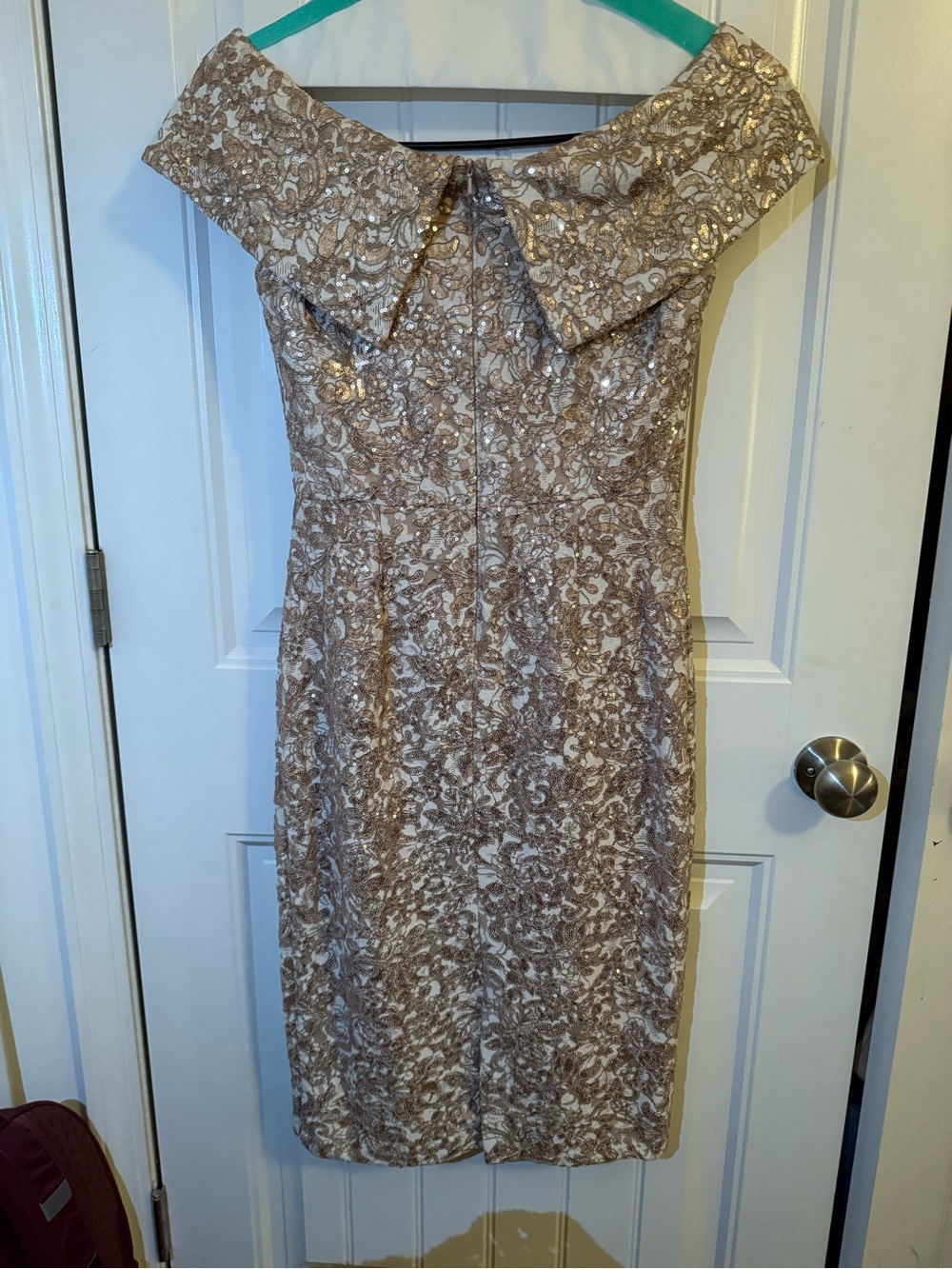 Xscape Off-Shoulder Lace Sheath Dress in Gold and Cream